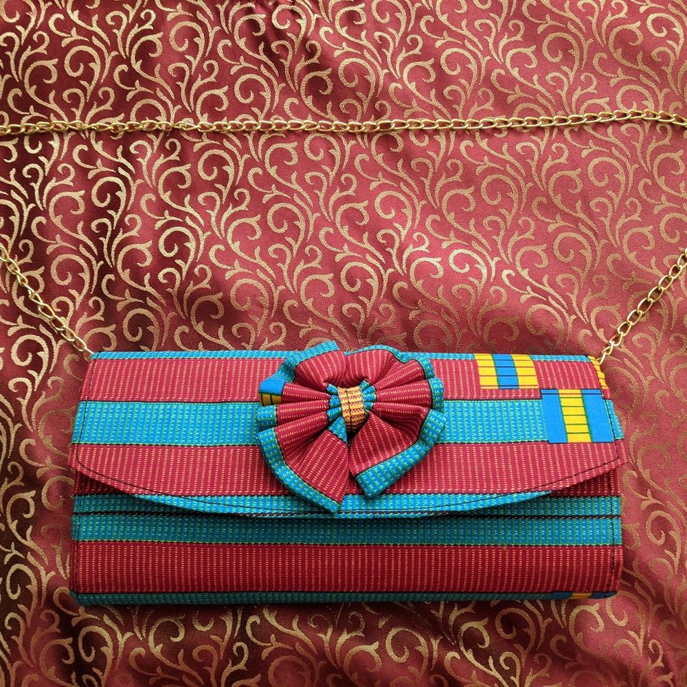 Ribbon Clutch Handbag w Shoulder Chain Strap Purse